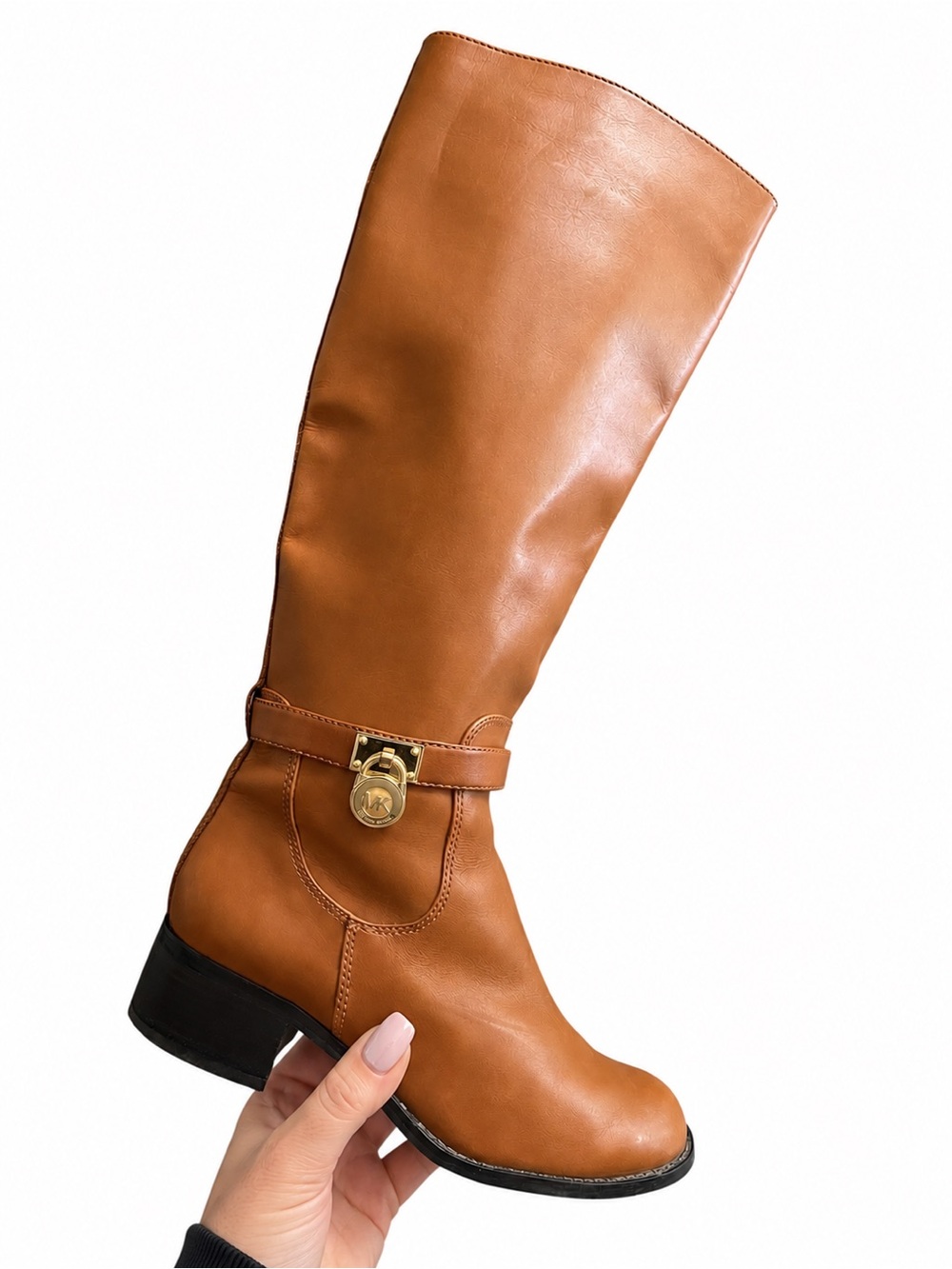 Michael Kors Leather Hamilton Riding Boots Brown Gold Lock Logo Size 6